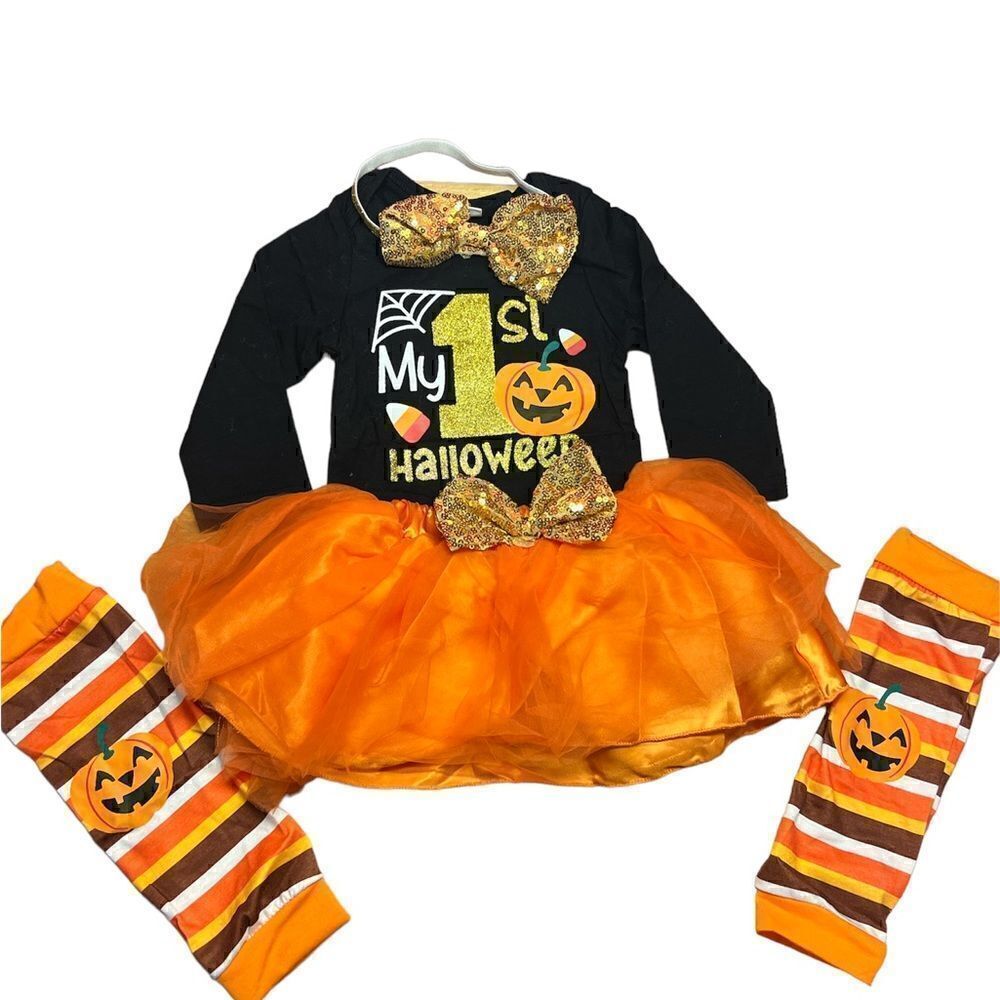 Baby’s first Halloween outfit tutu and leg warmers and hair bow orange 6…